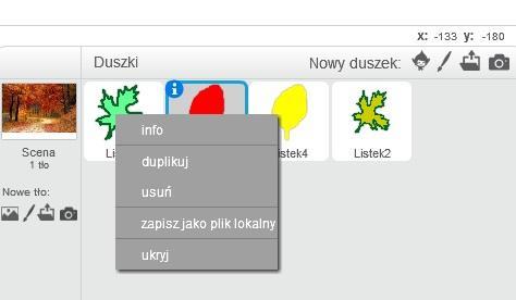Tak samo postępujemy z duszkiem Listek 2. Będziemy mieć 4 duszki listki. Możemy zmieniać ich kolor, rozmiar, proporcje.