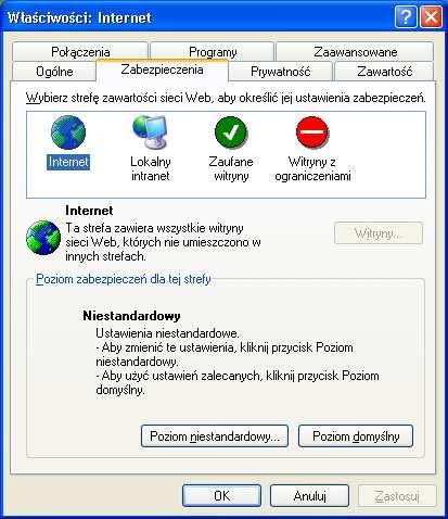 1. Konfiguracja przeglądarek Konfiguracja przeglądarki Internet Explorer 6.0 Korzystając z menu wybieramy Narzędzia, a następnie Opcje internetowe. Wybieramy zakładkę Zabezpieczenia.