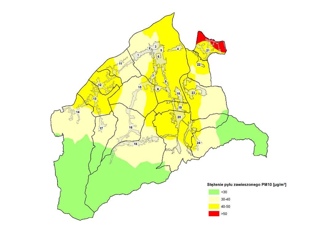 Rycina 53. Średnie dobowe stężenie pyłu zawieszonego PM10 [µg/m³]. Tabela 13.