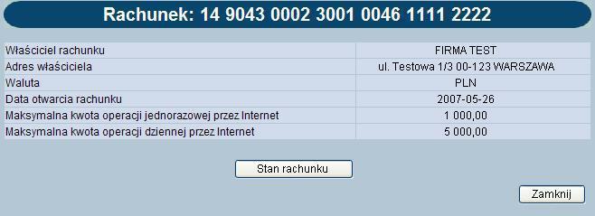 Rozdział 6 Rachunki 6.2. Stan rachunku Przejście do kolejnego okna przyciskiem [Stan rachunku] umożliwia dostęp do następujących danych: Środki własne środki na rachunku (bieżącym, ROR itp.