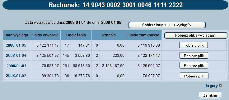 W przykładzie poniżej wybrano zakres dat od 2008-01-01 do 2008-01-05: Dla każdego wyciągu wyświetlone są następujące informacje: Data wyciągu data dnia, z j akiego przygotowany j est wyciąg Saldo