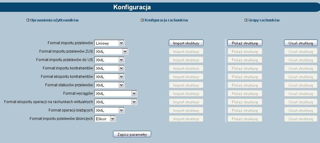 Rozdział 11 Konfiguracja Wszystkie dostępne w aplikacji formaty to: XML Eliksir Termit Liniowy VideoTel Płatnik MT940 Uwaga: Przy każdej pozycji importu lub eksportu wyświetlone są dostępne formaty