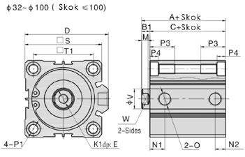 z magnesem (standard) 40 040 01 wykonanie bez magnesu 50 050 Skok 63 063 80 080 100 100 DSK-M z gwintem zewnętrznym Pozostałe wymiary tak jak przy siłowniku DSK z gwintem wewnętrznym Zakres średnic: