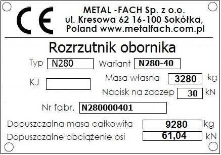 IDENTYFIKACJA ROZRZUTNIKA, OGÓLNE ZASADY BEZPIECZEŃSTWA WPROWADZENIE Użytkownik powinien zapoznać się z treścią niniejszej instrukcji i przestrzegać wszystkich zawartych w niej zaleceń, a