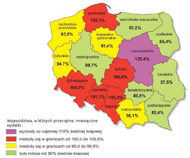 od miejsca zamieszkania (miasto lub wieś) i regionu kraju. W miastach powyżej 500 tys. mieszkańców - przeciętny, miesięczny dochód rozporządzalny na osobę był o 65% wyższy niż średni w kraju.