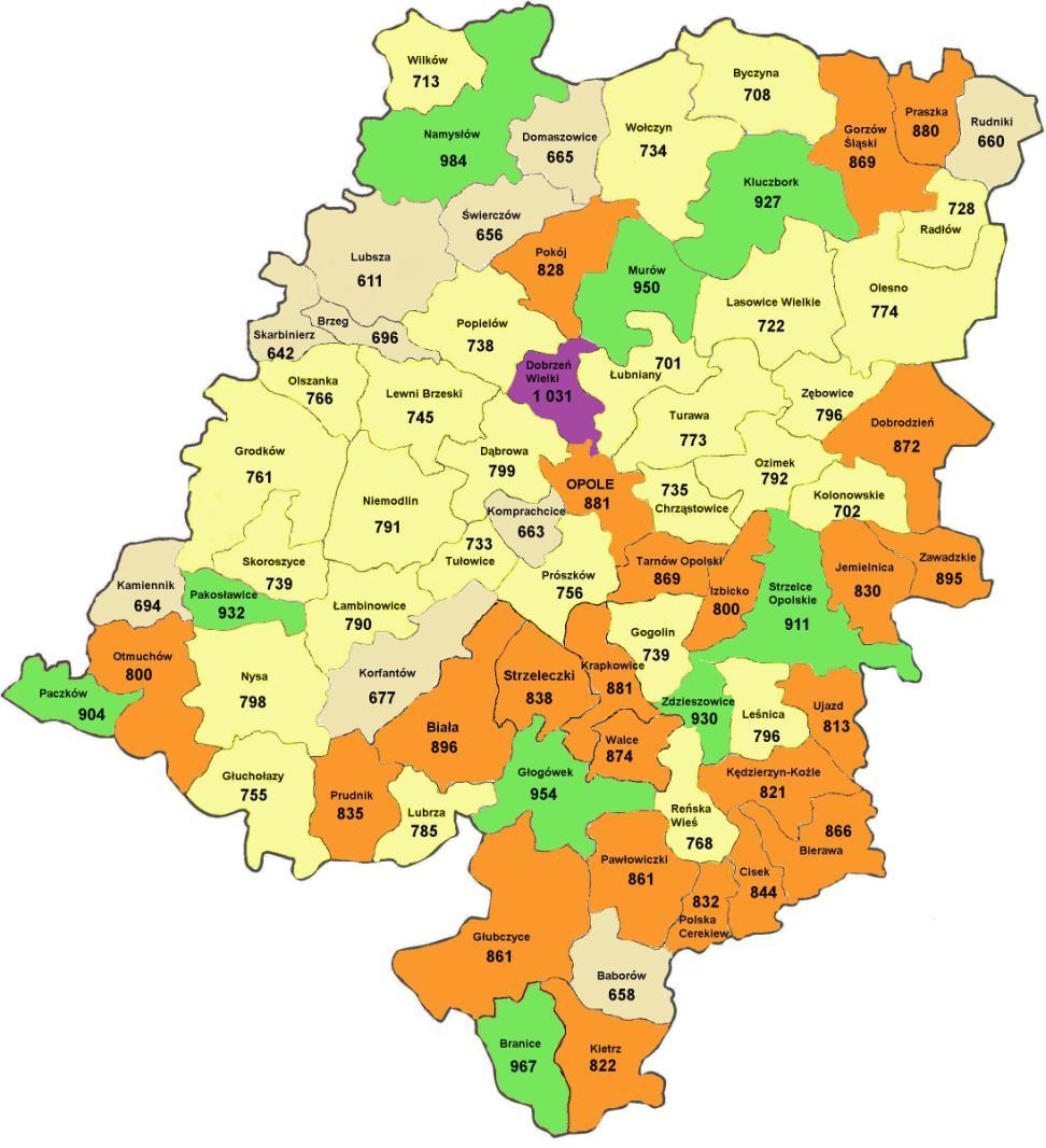 33 Mapa 15. Wskaźnik liczby dzieci w placówkach przedszkolnych na 1000 dzieci w wieku 3-6 lat. Woj.