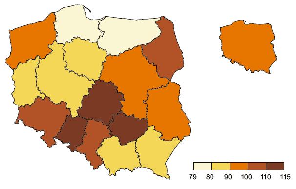 8 Mapa 3. Ludność w wieku 65 lat i więcej na 100 osób w grupie ludności 0-14 lat w Polsce w 2012 r.