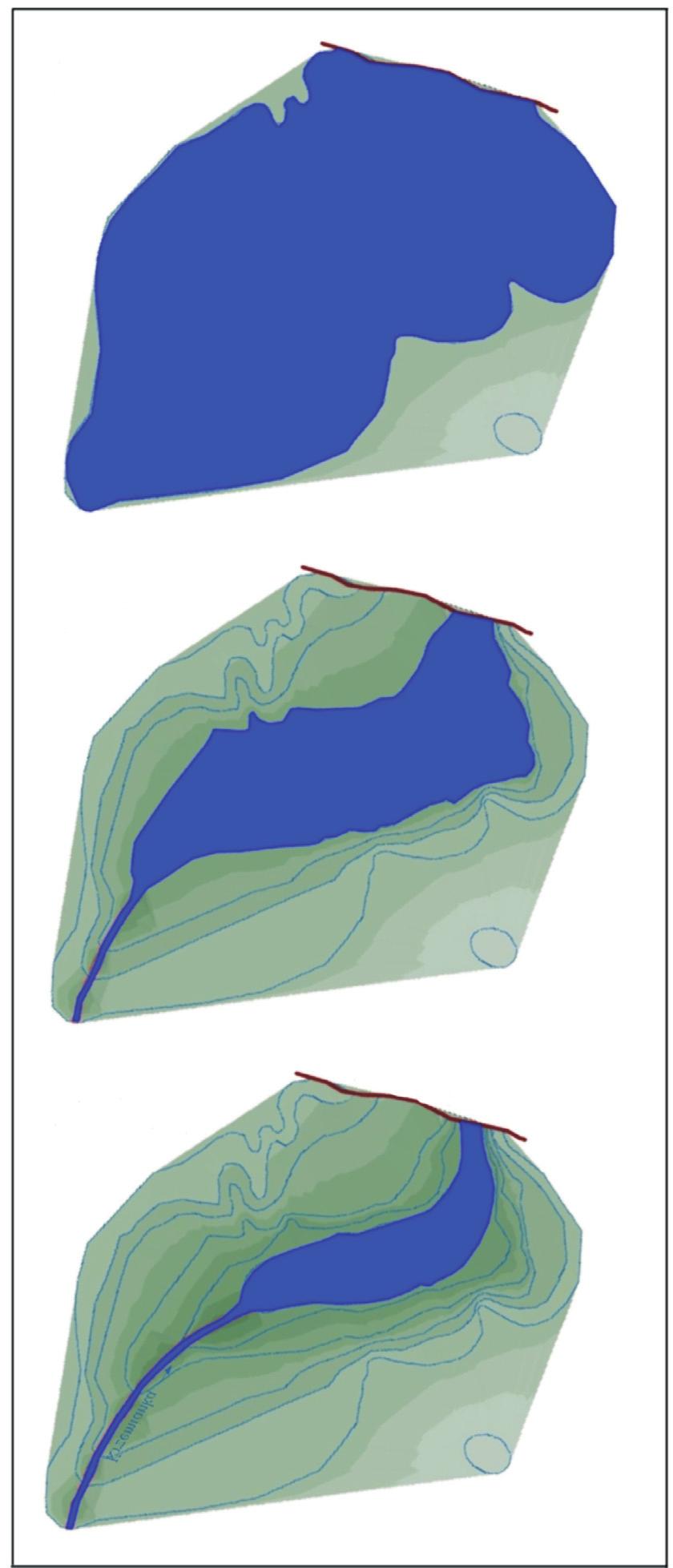 Ryc. 3. Model badanego stawu bobrowego (TIN) przy wybranych rzędnych piętrzenia tamy (h) Fig. 3. Beaver pond model (TIN) due to selected beaver dam elevations (h) 168 M.