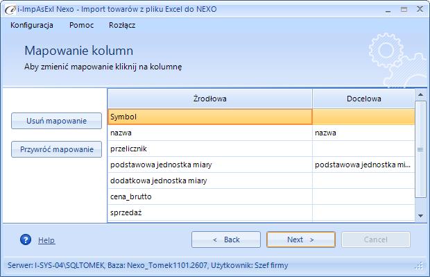 W drugim kroku kreatora wskazujemy mapowanie kolumn z Excela, czyli dla kolumn z importowanego pliku kolumny im odpowiadające w Subiekcie.