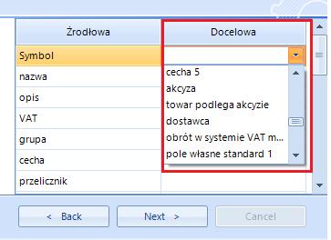 18). (rys. 18) Mapowanie kolumn W prawej części okna widoczne są dwie kolumny z nazwami pól Źródłowa pochodząca z Excela i Docelowa z polami z Subiekta.