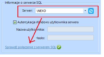 Poprawność połącznia dla podanych danych można sprawdzić wybierając Sprawdź połączenie z serwerem SQL.