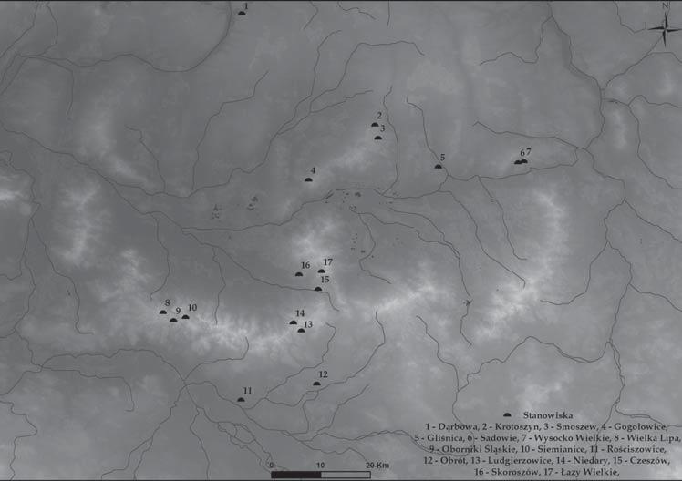 Ryc. 7. Dyspersja stanowisk z środkowej epoki brązu na pograniczu śląsko-wielkopolskim (oprac. własne J. Niebieszczański/M. Cwaliński; dane za: ESRI Data&Maps Media Kit 9.