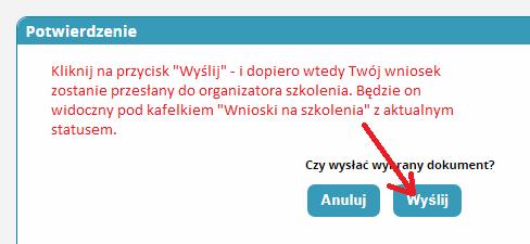 W kolejnych okienkach klikamy Wyślij i Dalej, aż do pojawienia się okienka z naszym wnioskiem, ale już ze statusem Do weryfikacji.