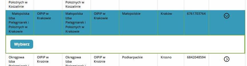 11. W polu Nazwa wybierz z listy OIPiP w Krakowie, naciśnij przycisk Akcje, a następnie Wybierz 12. Pole Podmiot pozostaje puste 13. Wciśnij przycisk Dalej 14.