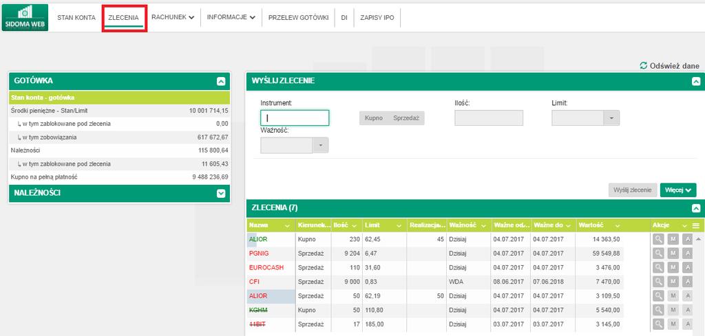 Zlecenia Alternatywnie handlować instrumentami możesz w zakładce Zlecenia, zostaniesz przeniesiony do formatki składania zleceń oraz do listy złożonych
