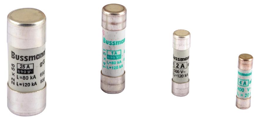BUSSMANN SERIES Wkładki cylindryczne oraz podstawy Napięcia znamionowe: 400 V AC, 500 V AC, 690 V AC znamionowy: 0,25 125 A Charakterystyki: gg/gl, am Rozmiar: 8 x