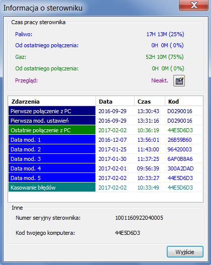 Pomoc informacje o programie i sterowniku. Rysunek 2.1.8 Widok okna Informacja o sterowniku.