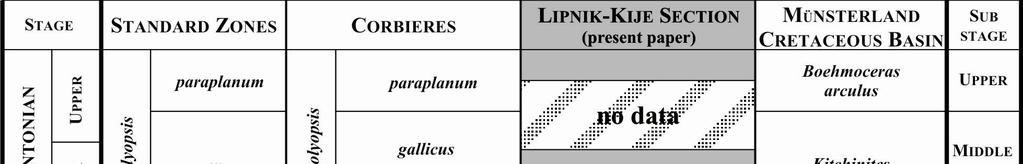 Wybrane amonity z górnego koniaku i dolnego santonu w profilu Lipnik-Kije (Remin, 2010); w basenie Münster (Lommerzheim, 1995; Kenndy and Kaplan, 2000); oraz w Corbières (Kennedy et al., 1995).