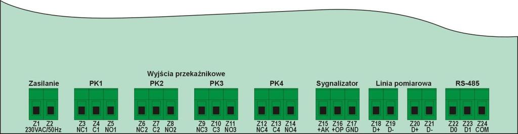 Zaciski centrali Rys.4. Widok zacisków przyłączeniowych centrali Nr zacisku Z1 Z2 Z3 Z4 Z5 Z6 Z7 Z8 Z9 Z10 Z11 Z12 Z13 Z14 Z15 Z16 Z17 Z18 Z19 Z20 Z21 Z22 Z23 Z24 Tabela 1.