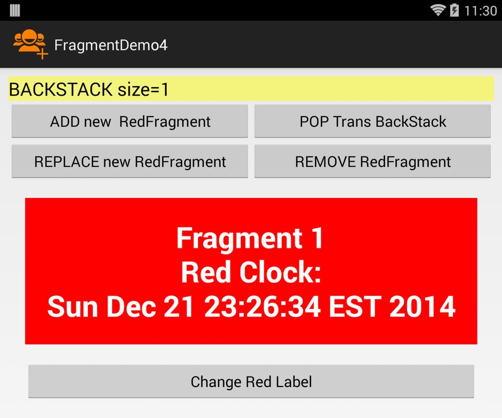 Przykład 5 Wykorzystanie BackStack 1 of x 1 2 3 4 1. Nowy fragment redfragment jest tworzony oraz dodawany do aktywności poprzez metodę add(). Informacje o tej transakcji trafiają do BackStack. 2. Tak jak poprzednia opcja, ale fragment dodawany jest do aktywności z użyciem metody replace() (stary widok jest niszczony).