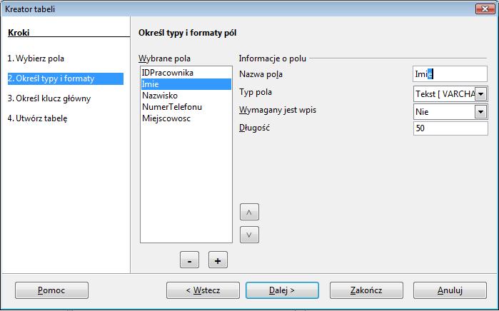 Na przykład dla pola Numer Telefonu typem pola będzie Liczba. Odpowiedni typ należy odszukać i zaznaczyć na liście rozwijalnej Typ pola (rysunek 5.4).