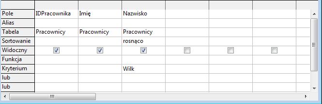 Siatka projektowa kwerendy Po dodaniu tabeli do siatki projektowej należy zdecydować, jakie dane mają znaleźć się w siatce projektowej.