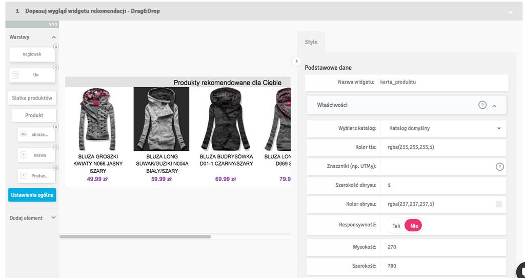 W oknie Dopasuj wygląd widżetu rekomendacji jest dostępny interfejs Drag&Drop, tak jak w popularnych programach graficznych.