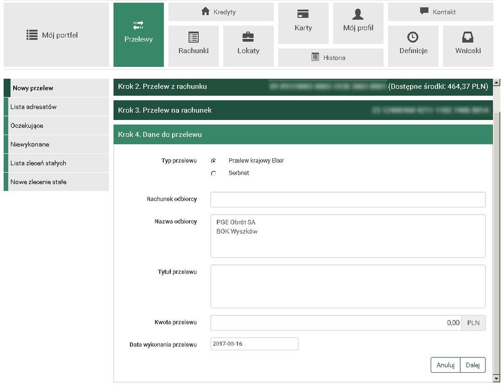 Po wybraniu typu przelewu (standardowo wybrany jest przelew