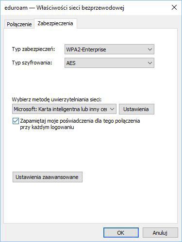 Politechnika Poznańska 8 Instalacja certyfikatu oraz konfiguracja WiFi w systemie Windows 10 Przełączamy się na zakładkę Zabezpieczenia i wybieramy z