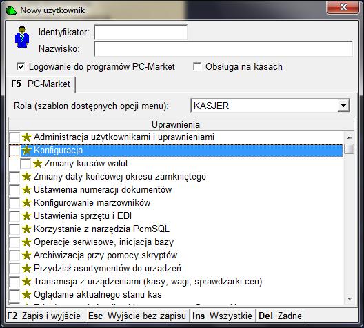 Identyfikator-wpisujemy go logując sie do programu Decydujemy czy użytkownik pracuje tylko na magazynie czy też będzie kasjerem.