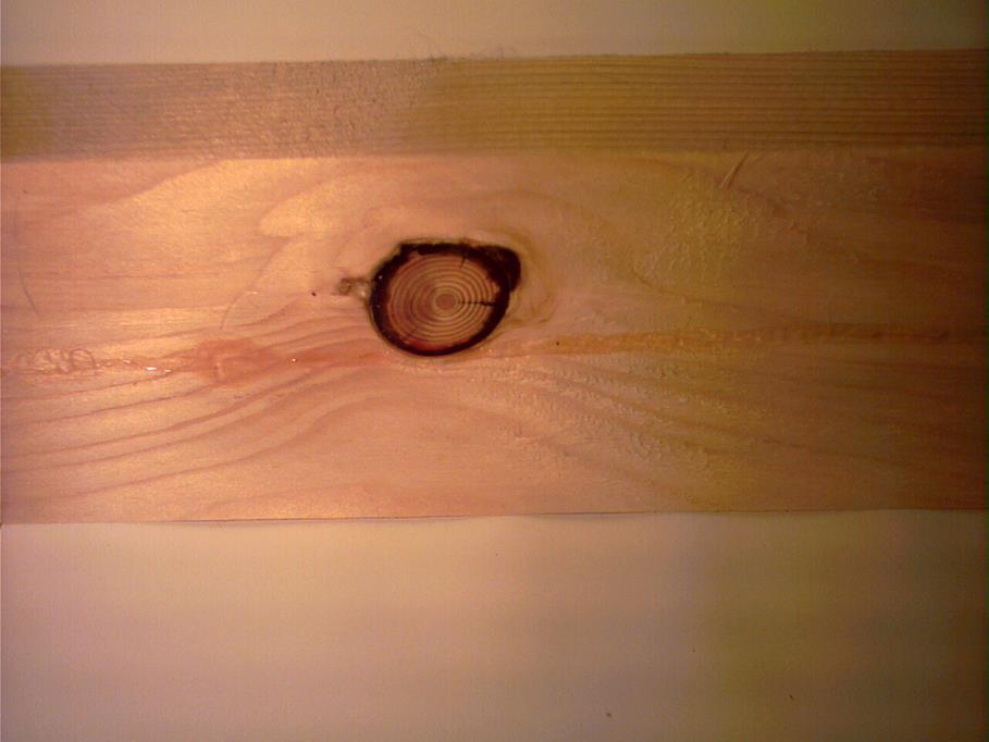 wady materiałów drewnopochodnych. Przykładowe zadanie 5. Wada drewna widoczna na zdjęciu to sęk A. skrzydlaty. B. zrośnięty. C. zepsuty. D. zdrowy. Prawidłowa odpowiedź: C.