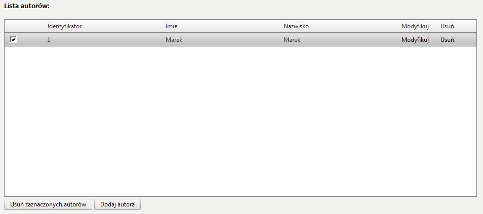 Autorzy Zarządzanie autorami odbywa się poprzez wybranie z menu opcji Autorzy. Wybranie powyższej opcji wyświetli listę autorów.