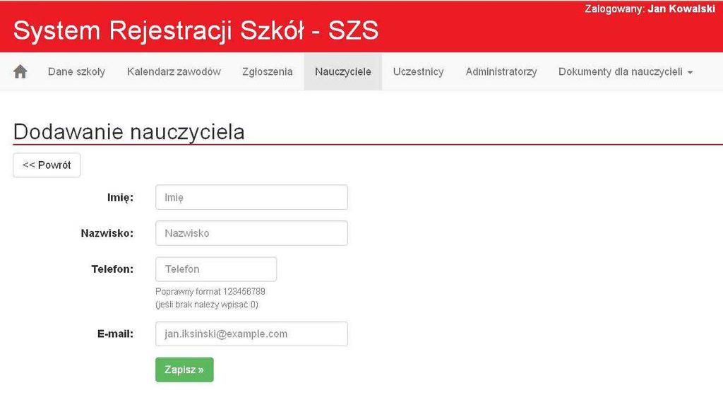 W zakładce Uczestnicy wpisujemy uczniów i ich dane /Imię i nazwisko, datę urodzenia, płeć / oraz potrzebne informacje.