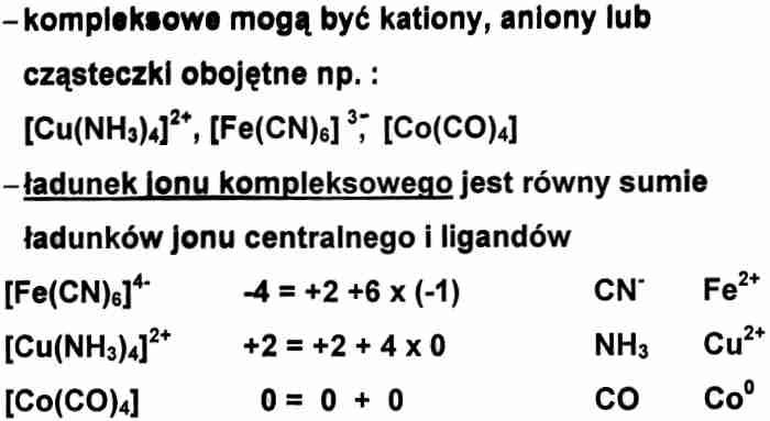 Budowa związku kompleksowego Budowa związku kompleksowego Sumaryczny ładunek jonu kompleksowego jest równy sumie ładunków atomu (jonu) centralnego i ligandów.