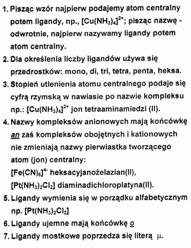 Nazewnictwo związków kompleksowych Struktura przestrzenna jonu kompleksowego LK liczba koordynacyjna Najczęściej występujące rozmieszczenie przestrzenne ligandów wokół atomu centralnego dla LK = -7