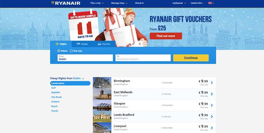Rys. 4. Strona linii lotniczych Ryanair po zmianie szaty graficznej i funkcjonalności Źródło: www.ryanair.