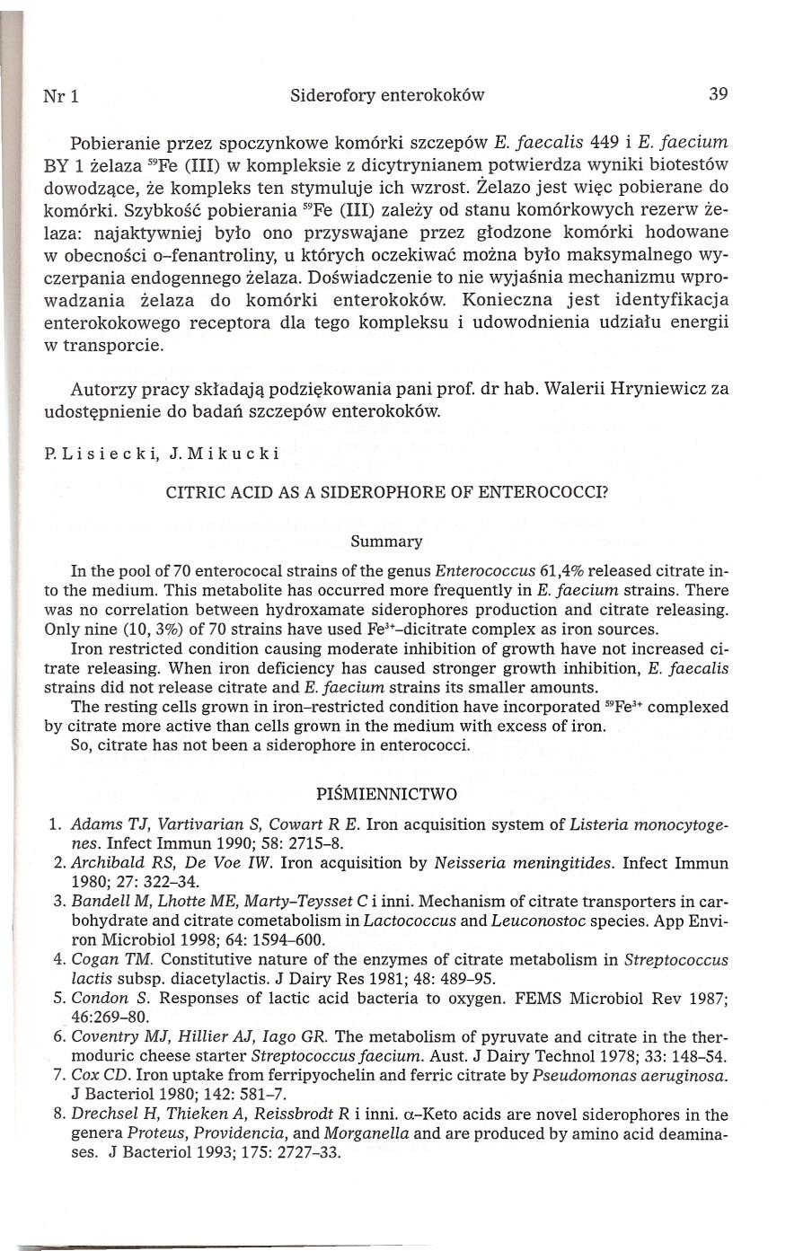 n Nrl Siderofory enterokoków 39 Pobieranie przez spoczynkowe komórki szczepów E. faecalis 449 i E.