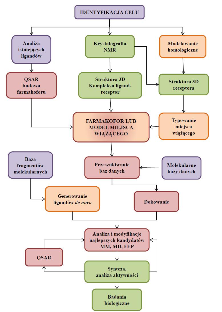Rysunek 1.1 Schemat wykorzystania metod eksperymentalnych i obliczeniowych w etapach projektowania leków.