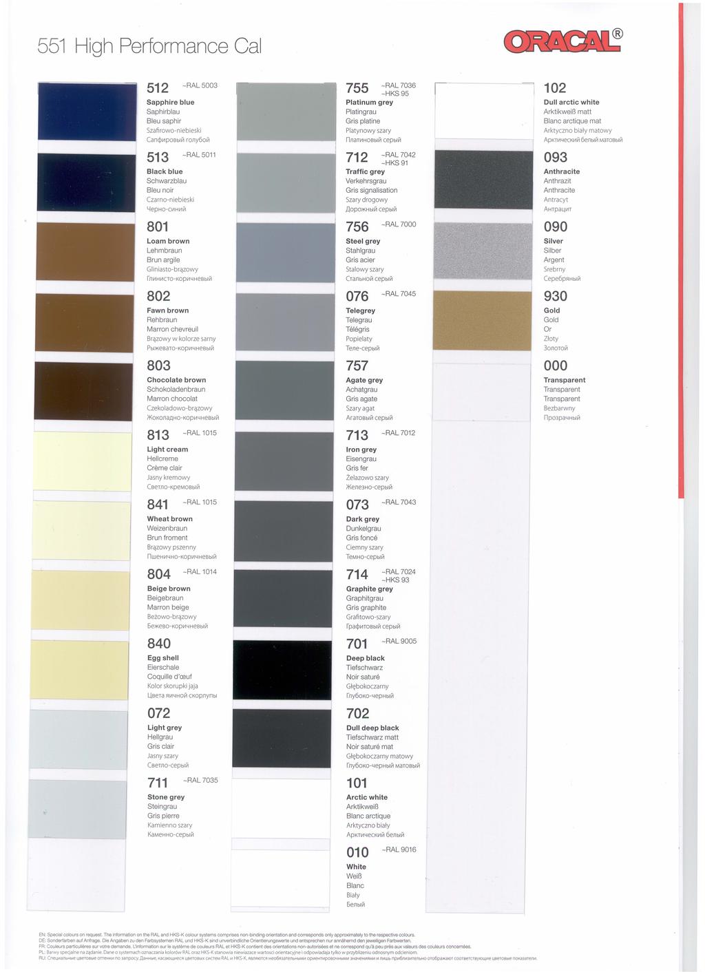 551 High Performance Cal 512 -RAL 5003 755 Sapphire blue Saphirblau Bleu saphir Szafirowo-niebieski Can~111posb1iii rony6oi::1 -RAL 7036 -HKS 95 Platinum grey Platingrau Gris platine Platynowy szary