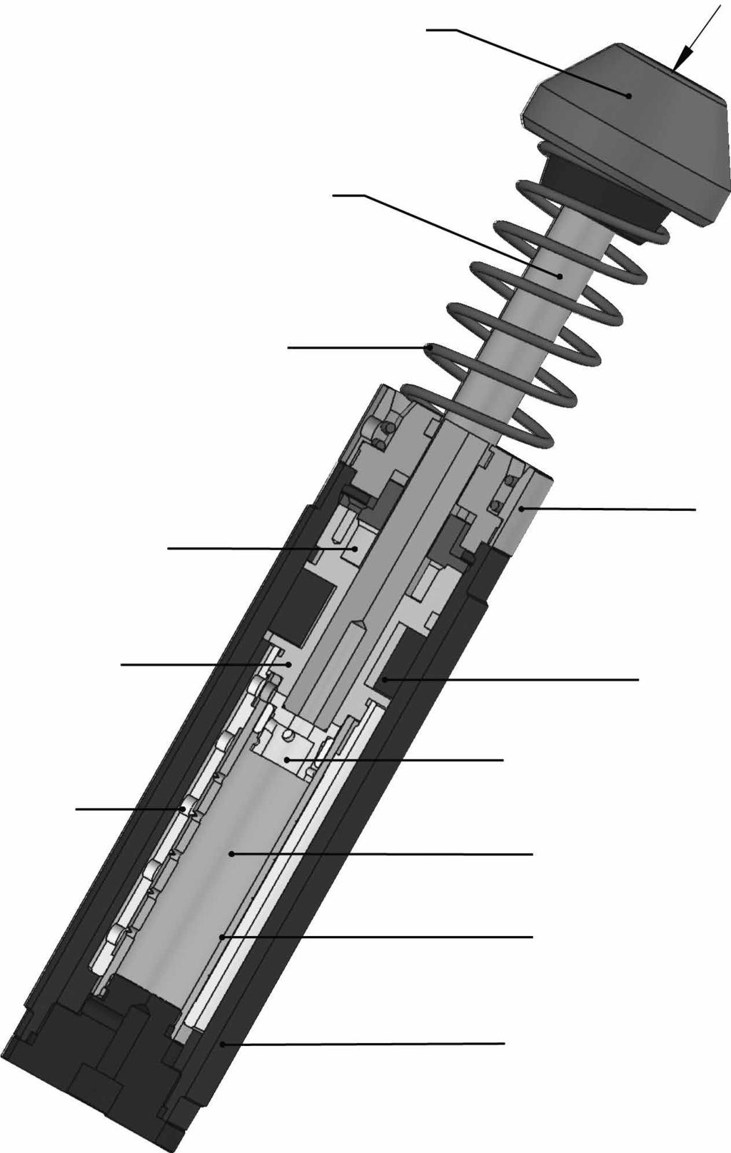 Budowa wewnętrzna amortyzatora przemysłowego Nakładka tłumiąca Siła uderzenia Tłoczysko Sprężyna zwojowa Łożysko Warstwa prowadząca