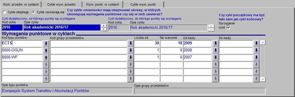 W górnej części formularza można wybrać program oraz etap programu, W dolnej części znajdują się zakładki służące do definiowania wymagań przedmiotowych oraz punktowych.