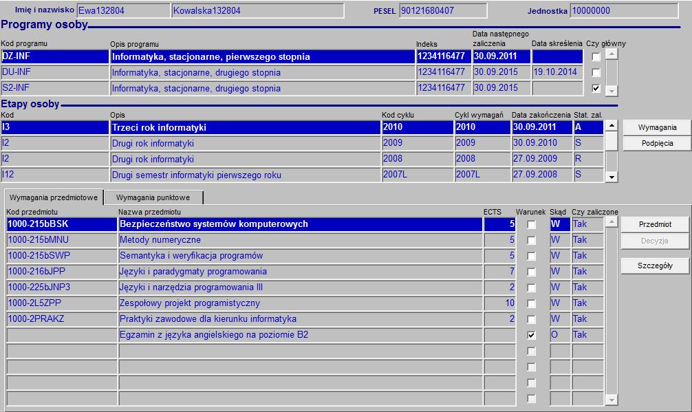 Rys. 16 Formularz Programy osób przeglądanie wymagań etapowych dla osoby Na pierwszej zakładce Wymagania przedmiotowe prezentowane są wszystkie przedmioty wymagane do zaliczenia etapu.