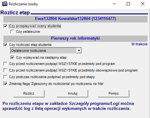 3.4.4. Rozliczanie osoby Po wciśnięciu przycisku Rozlicz na zakładce Etapy osoby pojawi się okno dialogowe z parametrami rozliczania wybranego etapu osoby (por. Rys.