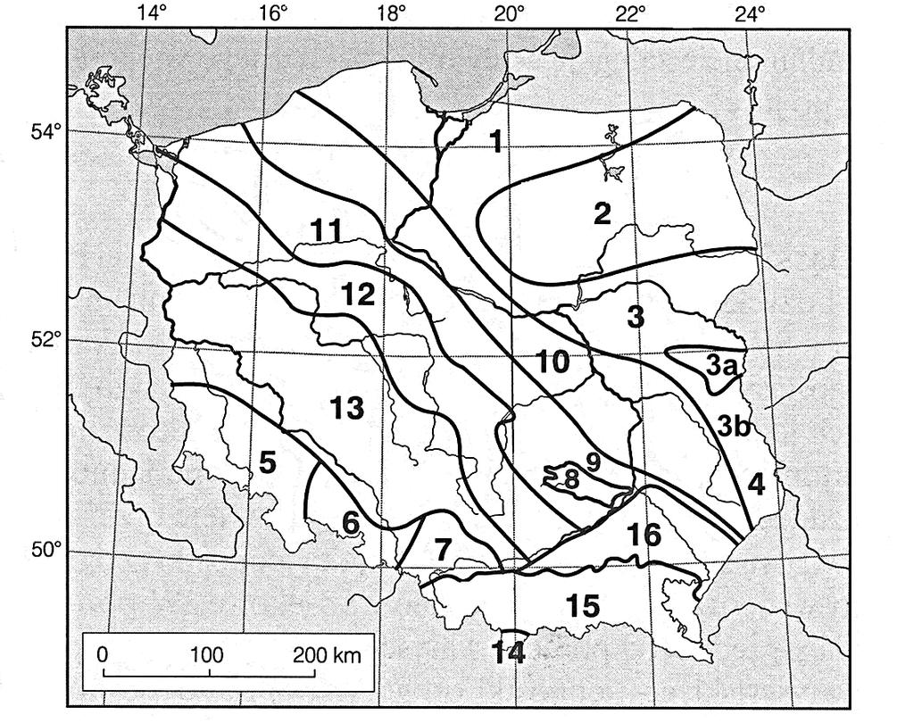Zadanie 24. (2 pkt) Źródło: CKE 2008 (PR), zad. 28. Mapa przedstawia rozmieszczenie głównych jednostek tektonicznych Polski.