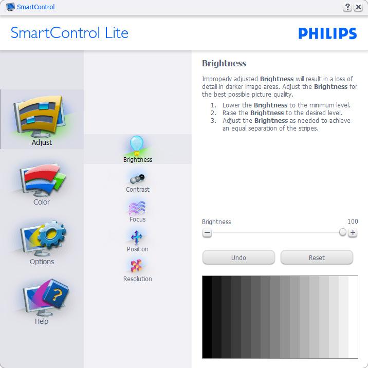 3. Optymalizacja obrazu Uruchomienie w oknie Standard (Standardowe): Menu Adjust (Dostosuj): Menu Adjust (Dostosuj) umożliwia dostosowanie ustawień, takich jak Brightness (Jasność), Contrast