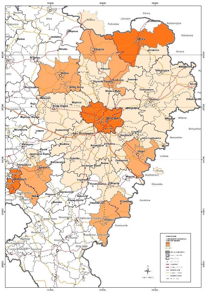 Rysunek 3. Gminy wskazujące potrzeby w zakresie turystyki. (Źródło: opracowanie własne IRT) Rysunek. Gminy, w stosunku do których wskazywane są potrzeby w zakresie turystyki.