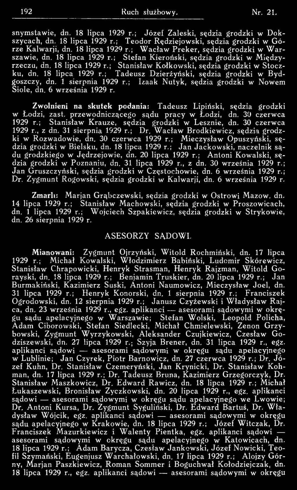 30 czerw ca 1929 r., z dn. 31 sierpnia 1929 r.; Dr. W acław Brodkiew icz, sędzia grodzki w R ozw adow ie, dn. 30 czerw ca 1929 r.; M ieczysław Opuszyński, sędzia grodzki w Bielsku, dn.