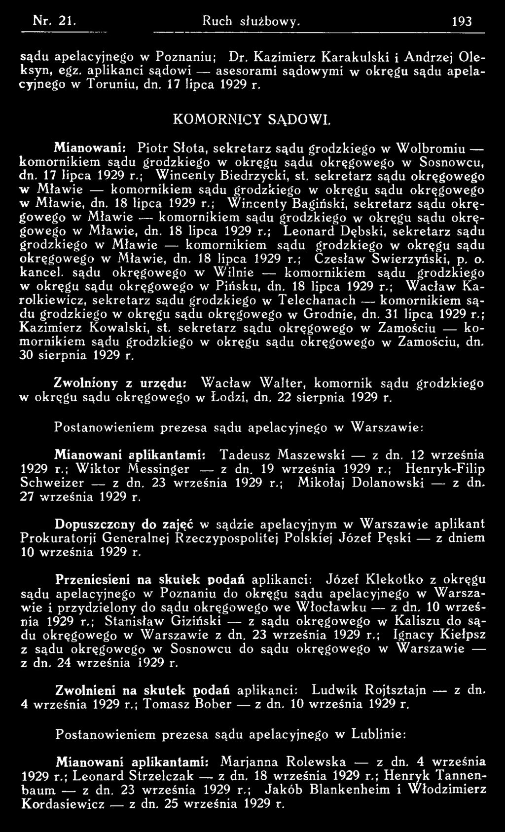 ; Leonard Dębski, sekretarz sądu grodzkiego w M ławie komornikiem sądu grodzkiego w okręgu sądu okręgow ego w M ławie, dn. 18 lipca 1929 r.; Czesław Swierzyński, p. o. kancel.