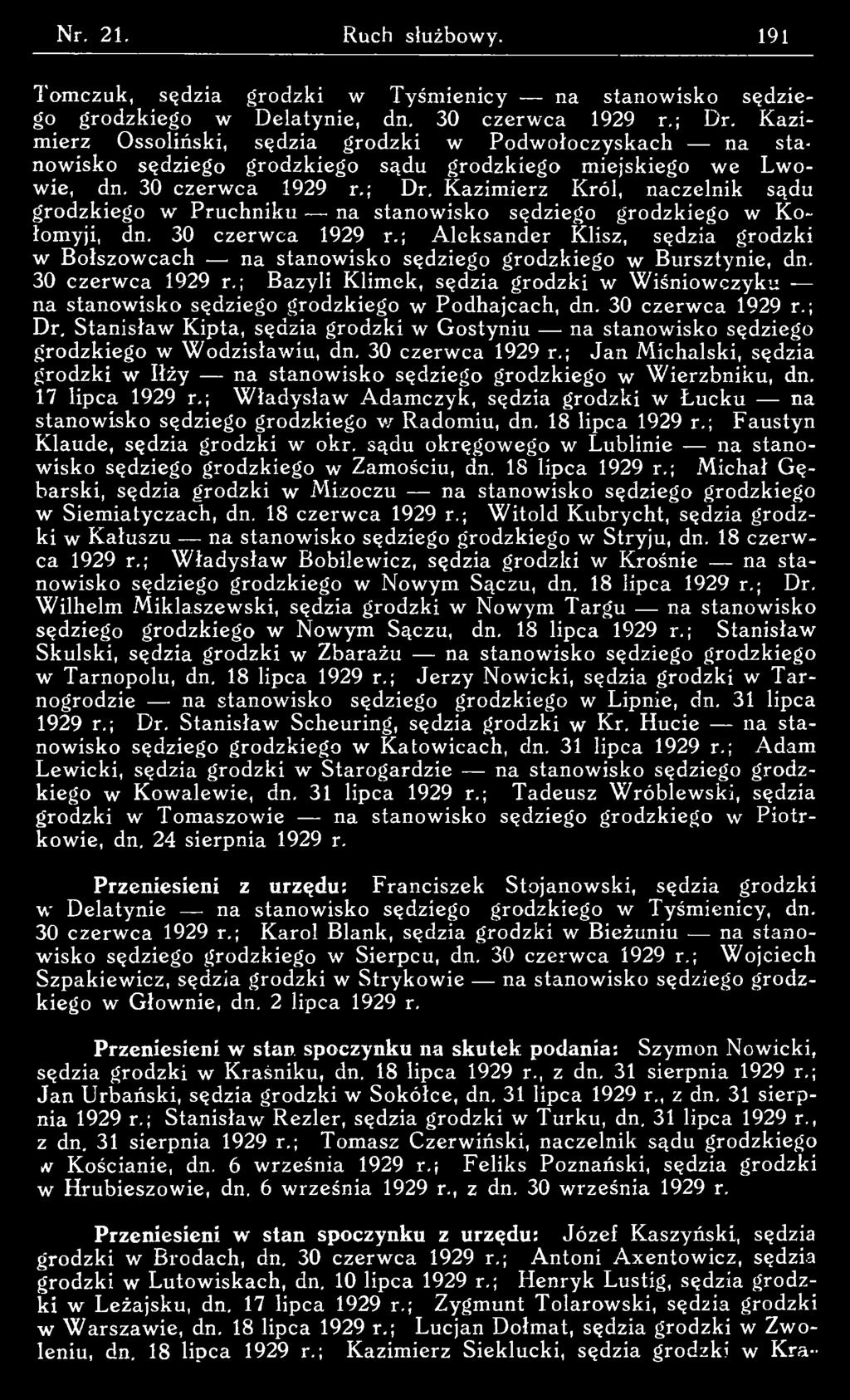 ; Bazyli Klimek, sędzia grodzki w W iśniow czyku na stanowisko sędziego grodzkiego w Podhajcach, dn. 30 czerw ca 1929 r.; Dr.