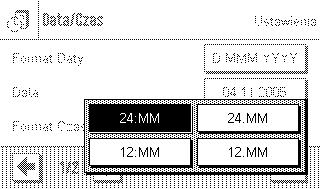 Nastawy systemu 21 3.8 Data i godzina W tym menu użytkownik może wprowadzić datę i aktualną godzinę oraz wybrać format, w jaki będą wyświetlane.
